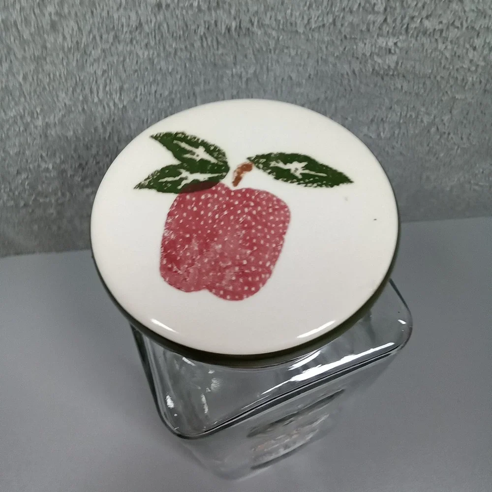 Vintage Tall Square Glass Apple Canister Embossed Fruit Jar Ceramic Lid 12.5in‎